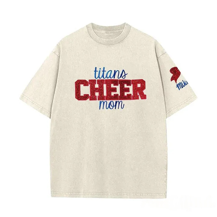 Personalized Custom Glitter Embroidered Cheer Mom Washed T-Shirt
