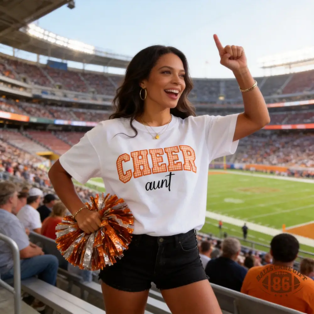 Cheer Aunt Custom Name T‑Shirt, Bow Graphic Crewneck, Cheer Game Day Gift 