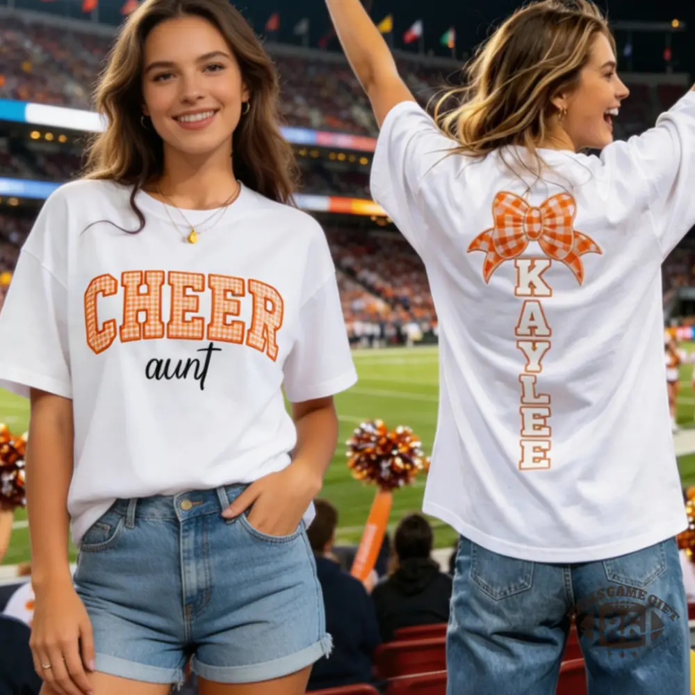 Cheer Aunt Custom Name T‑Shirt, Bow Graphic Crewneck, Cheer Game Day Gift 