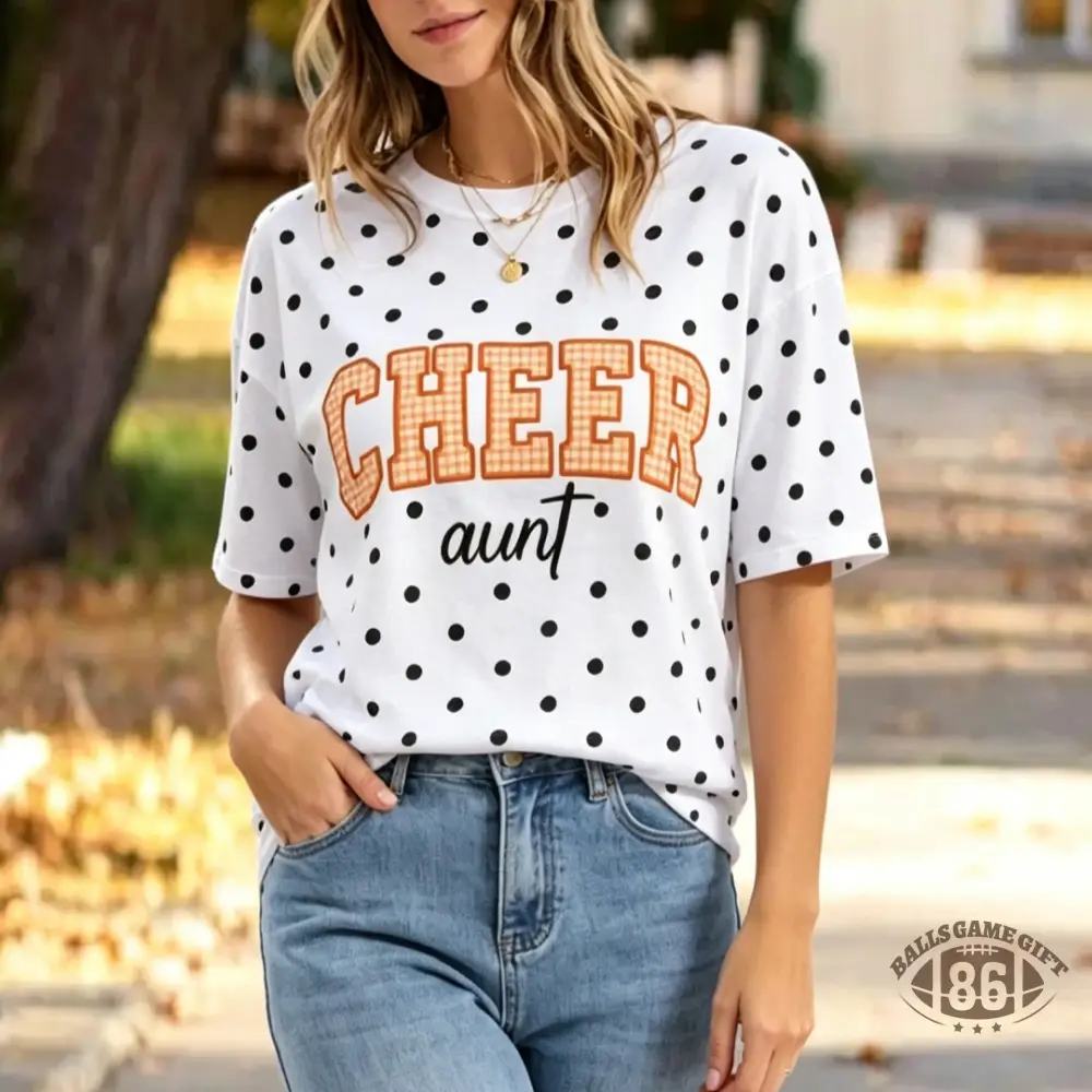 Cheer Aunt Polka Dot Gingham Plaid Tee, Personalized Name & Cheer Bow On Back