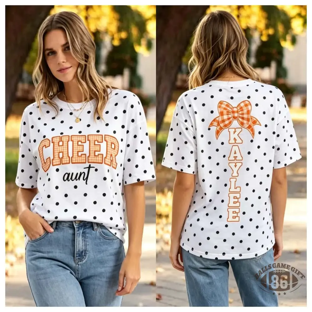 Cheer Aunt Polka Dot Gingham Plaid Tee, Personalized Name & Cheer Bow On Back