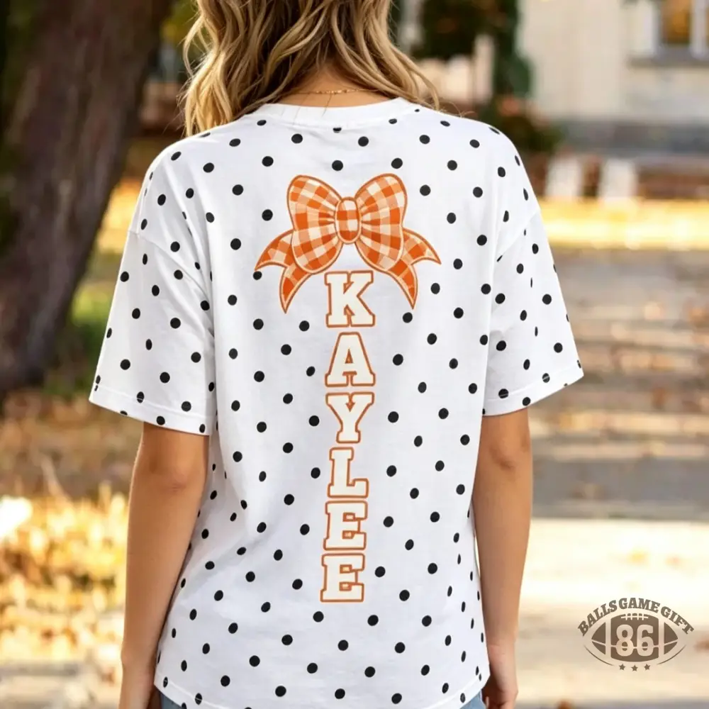 Cheer Aunt Polka Dot Gingham Plaid Tee, Personalized Name & Cheer Bow On Back