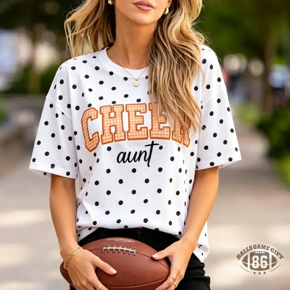 Cheer Aunt Polka Dot Gingham Plaid Tee, Personalized Name & Cheer Bow On Back