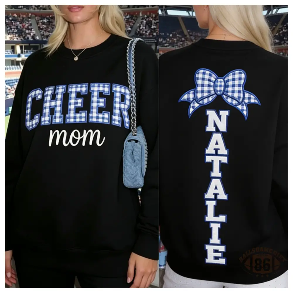 Cheer Mom Crewneck Sweatshirt Custom Name & Plaid Bow On Back Cheer Game Day Gift For Cheer Mom
