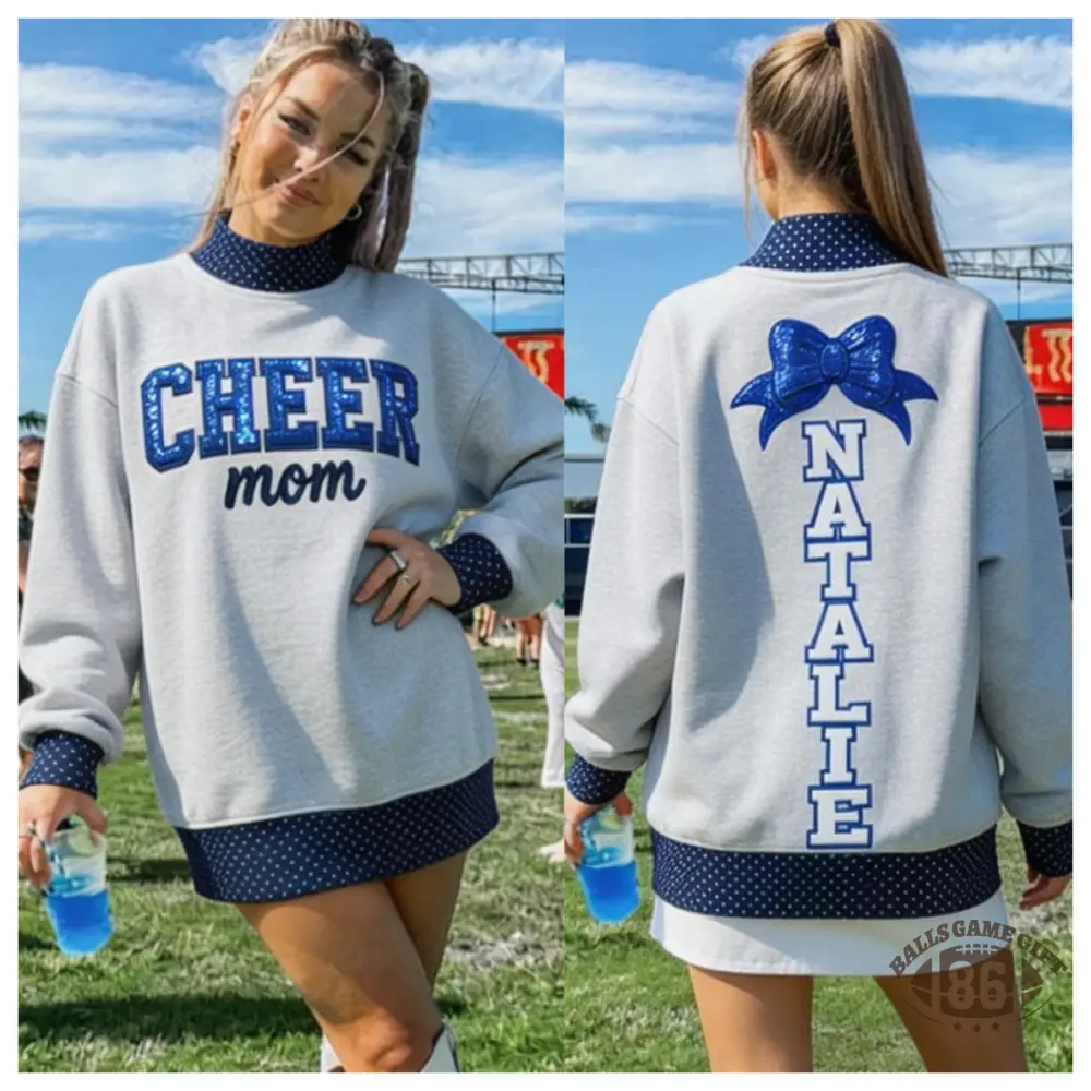 Cheer Mom Polka Dot Mock Neck Custom Embroidered Bow & Name Cheerleading Mom Gift