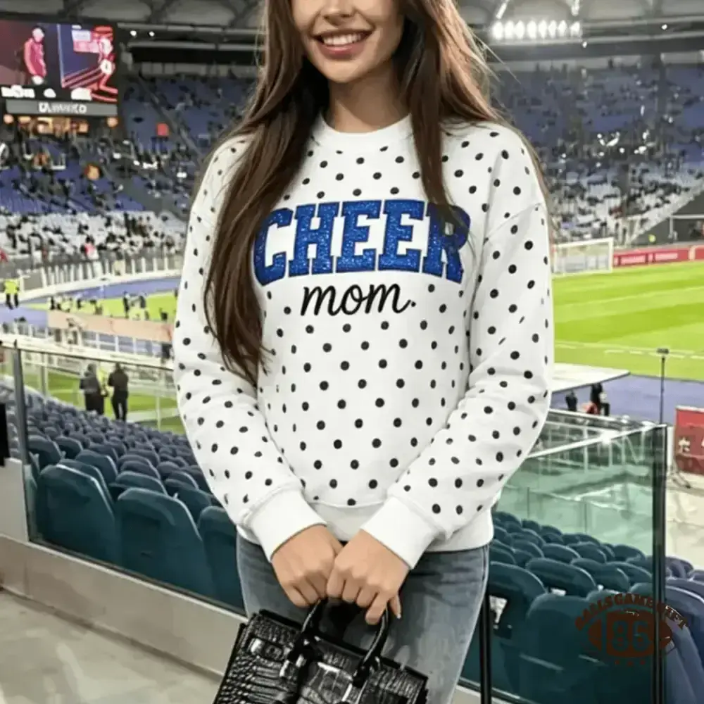 Custom Cheer Mom Polka Dot Sweatshirt, Sequin Bow Name Embroidered Crew Neck Pullover