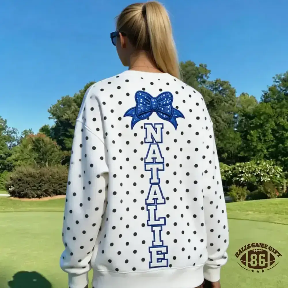 Custom Cheer Mom Polka Dot Sweatshirt, Sequin Bow Name Embroidered Crew Neck Pullover