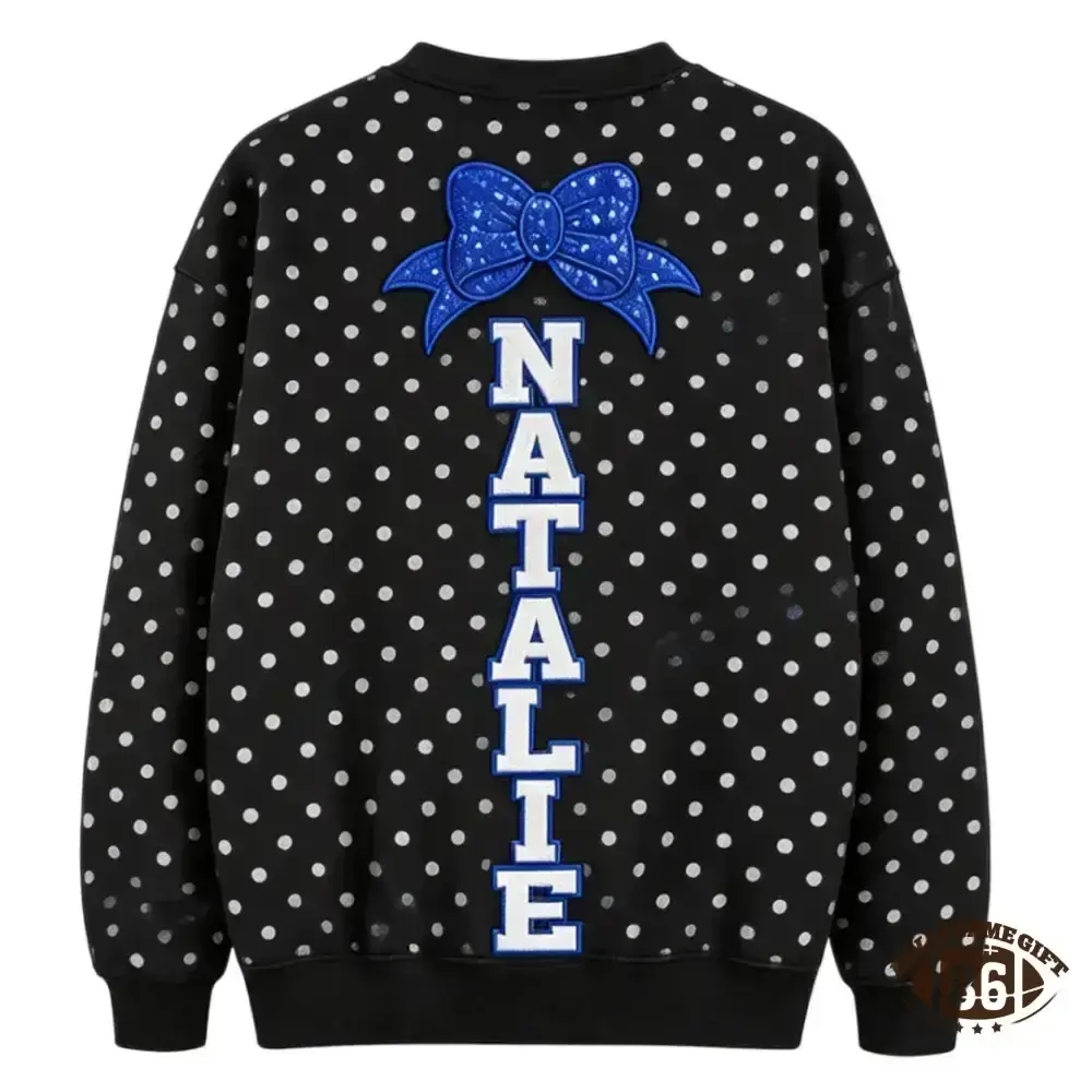Custom Cheer Mom Polka Dot Sweatshirt, Sequin Bow Name Embroidered Crew Neck Pullover