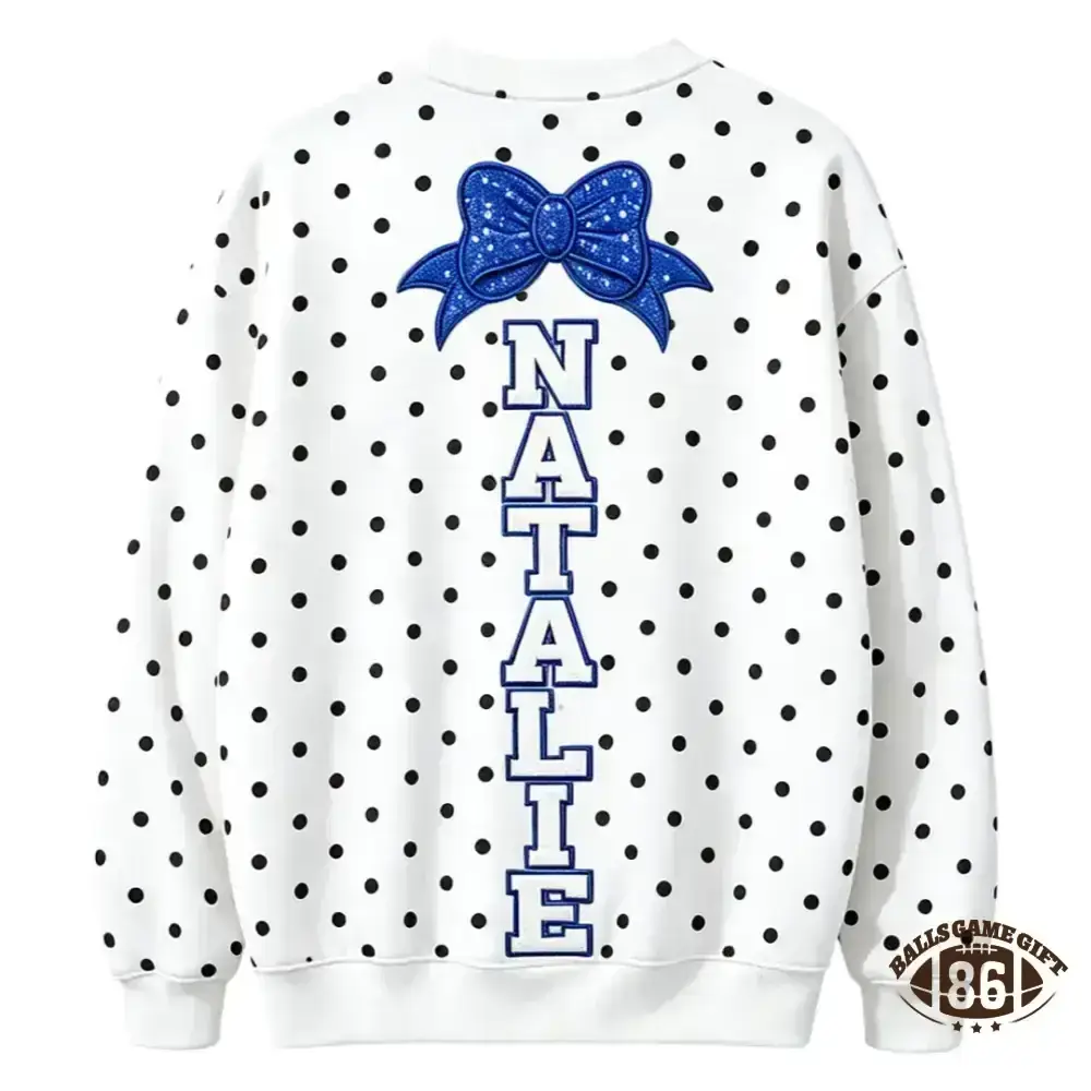 Custom Cheer Mom Polka Dot Sweatshirt, Sequin Bow Name Embroidered Crew Neck Pullover