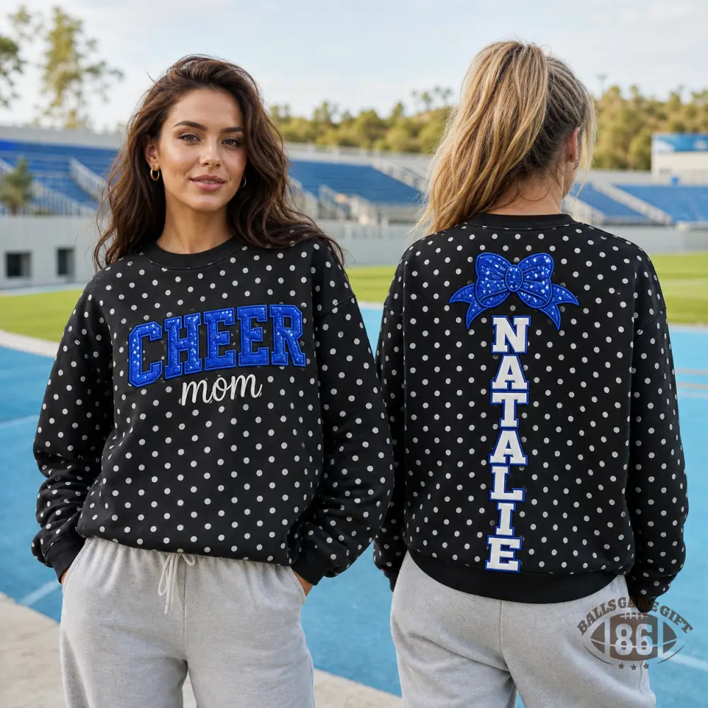 Custom Cheer Mom Polka Dot Crewneck Sweatshirt Sequin Bow Personalized Name Sweatshirt