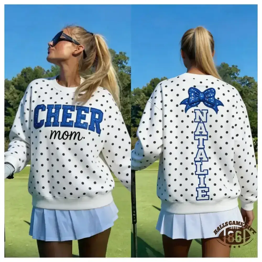 Custom Cheer Mom Polka Dot Sweatshirt, Sequin Bow Name Embroidered Crew Neck Pullover