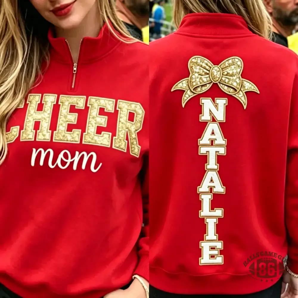 Cheer Mom Quarter Zip Sweatshirt, Custom Name Sequin Bow Gift for Cheer Mom Game Day Outfit