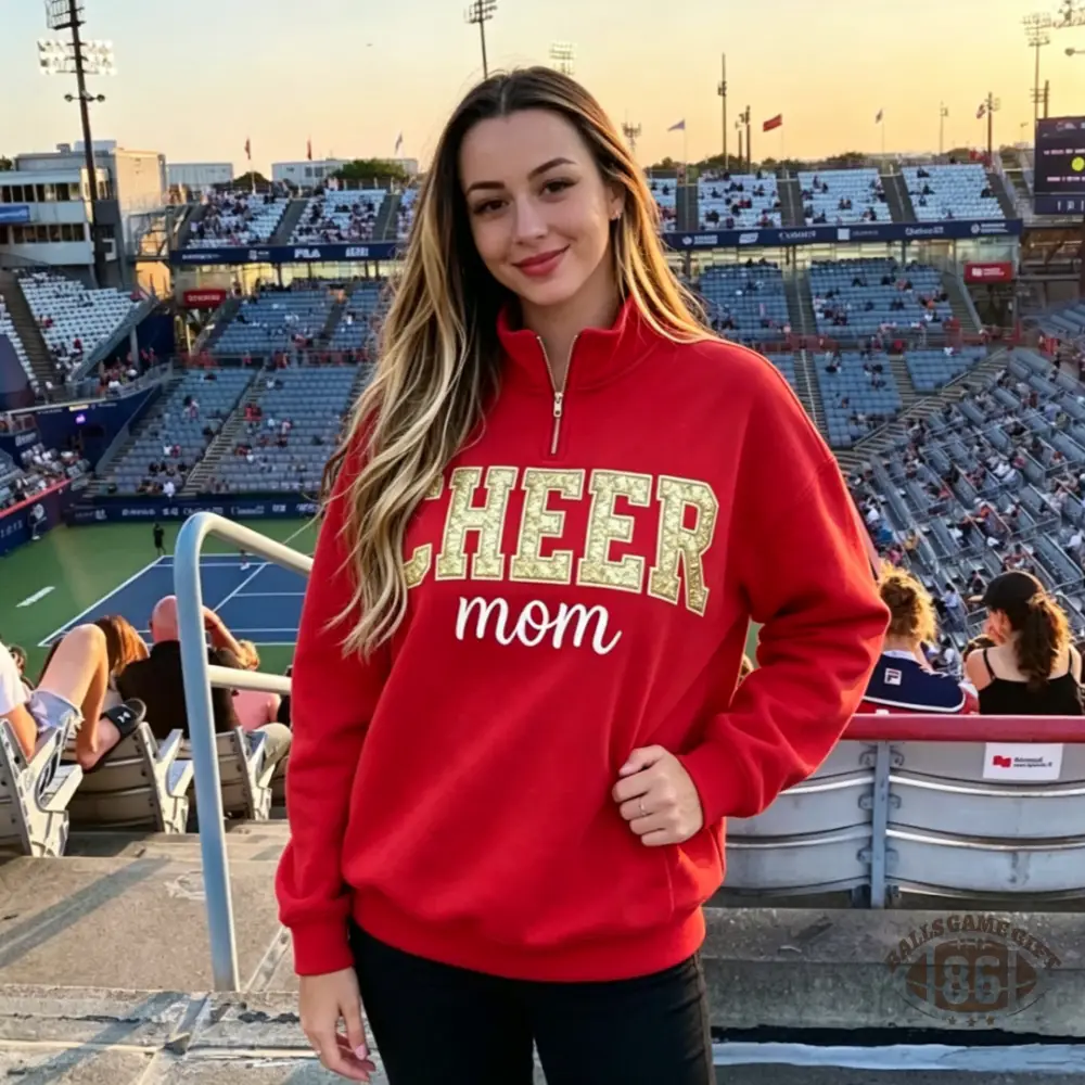 Cheer Mom Quarter Zip Sweatshirt, Custom Name Sequin Bow Gift for Cheer Mom Game Day Outfit