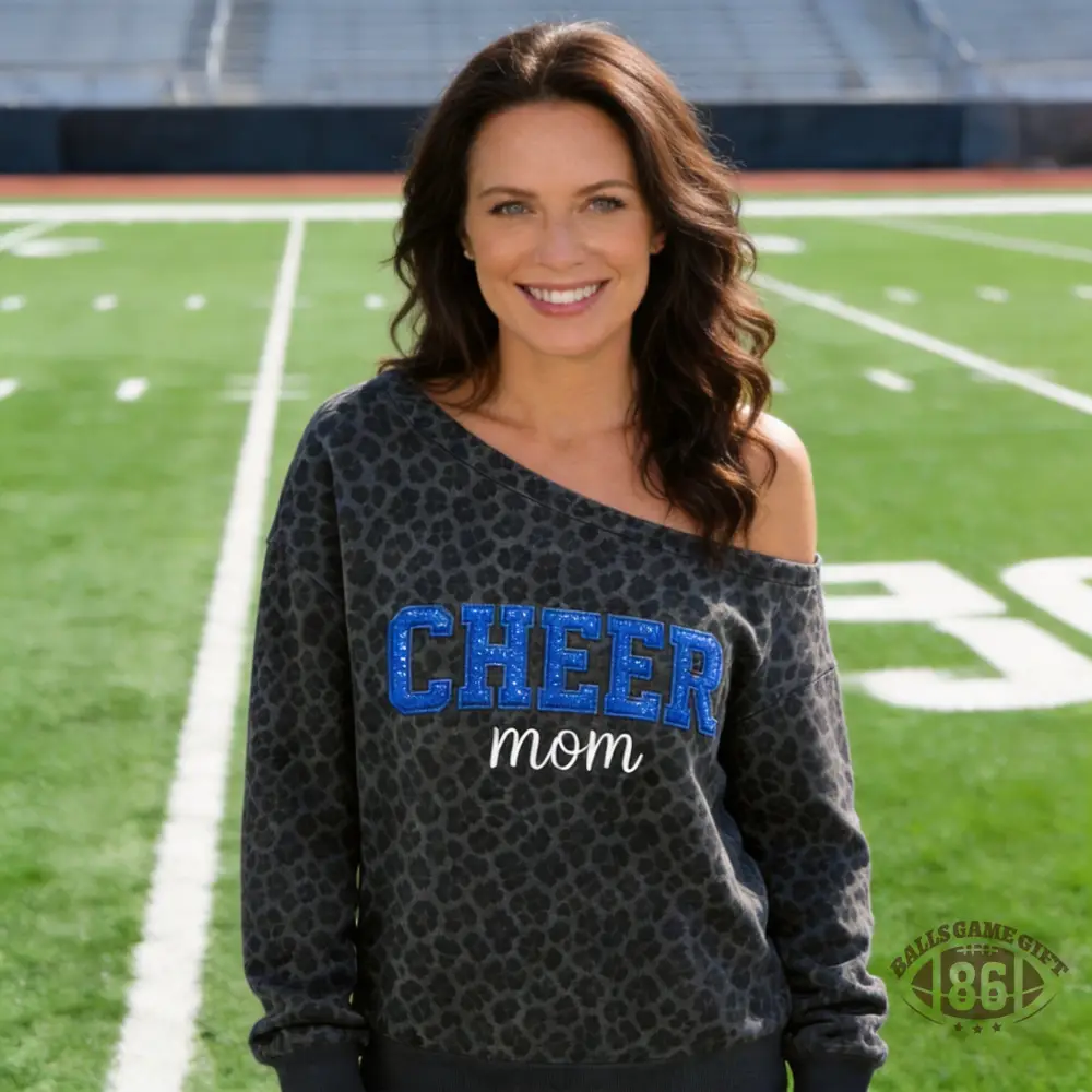 Cheer Sequin Mom Off‑Shoulder Sweatshirt, Leopard Game Day Sweatshirt