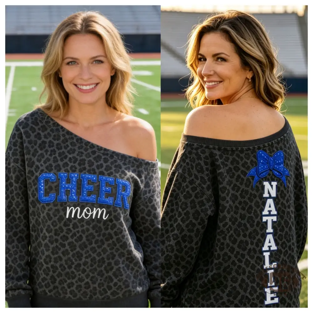 Cheer Sequin Mom Off‑Shoulder Sweatshirt, Leopard Game Day Sweatshirt