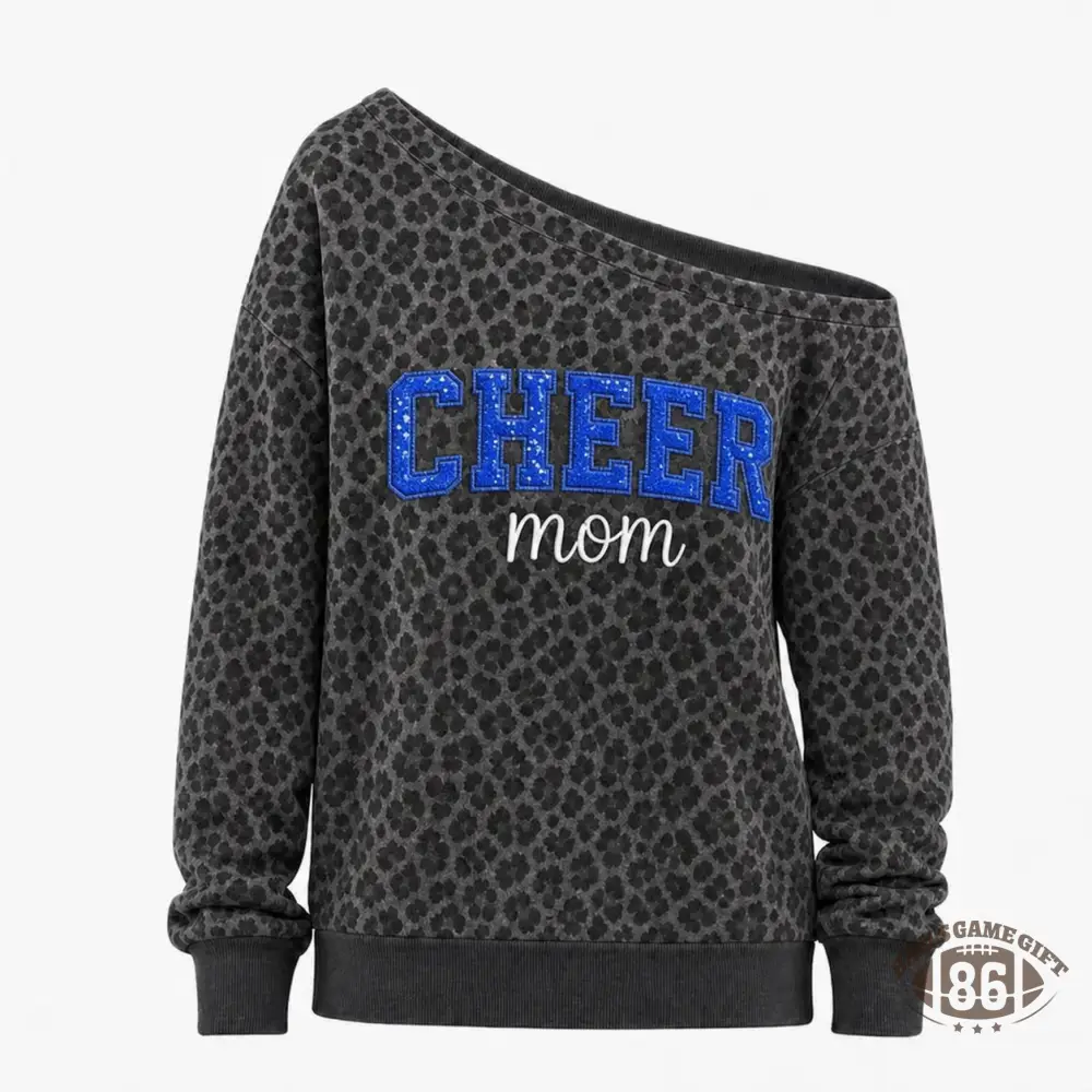 Cheer Sequin Mom Off‑Shoulder Sweatshirt, Leopard Game Day Sweatshirt