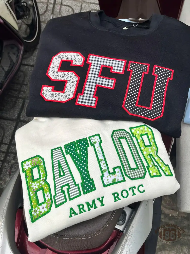 Custom Appliqué Embroidered School Spirit Sweatshirt | Personalized College, University & Team Name Varsity Crewneck for Game Day