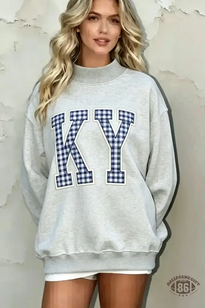 Custom Blue & White Plaid Letter Mock Neck Oversized Sweatshirt | Varsity Game Day Pullover