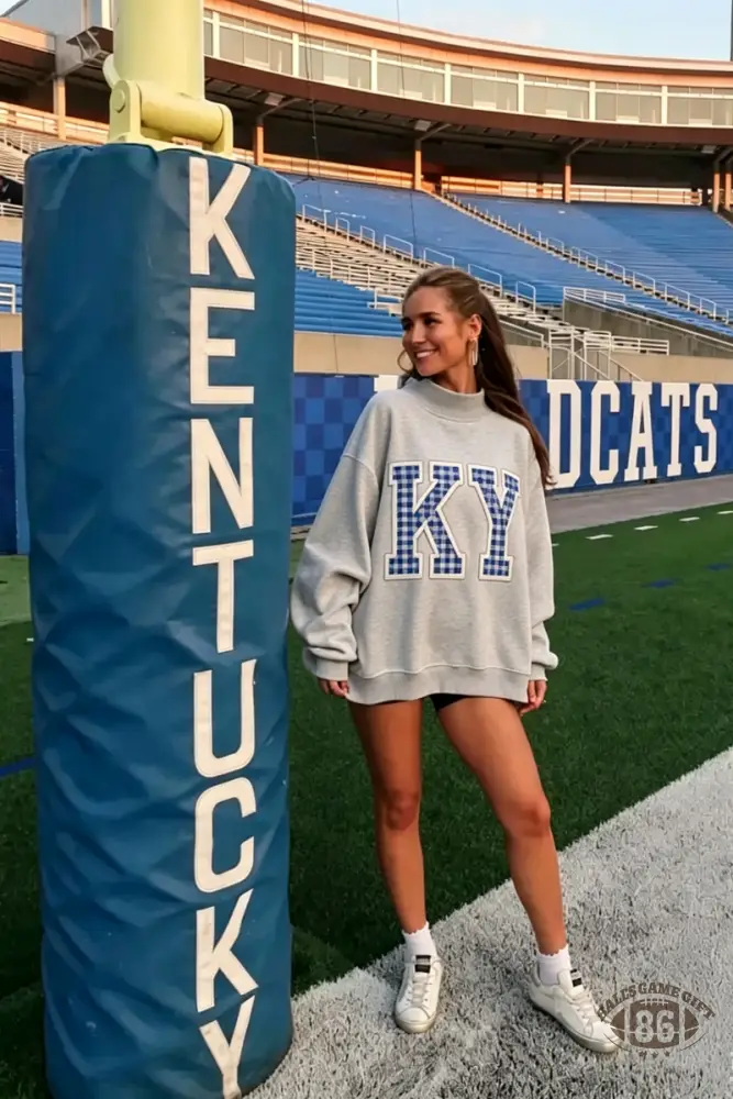 Custom Blue & White Plaid Letter Mock Neck Oversized Sweatshirt | Varsity Game Day Pullover