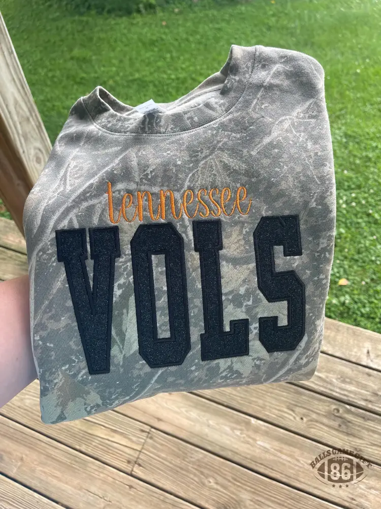 Custom Camo Crewneck Glitter Appliqué Embroidery Game Day Sweatshirt 