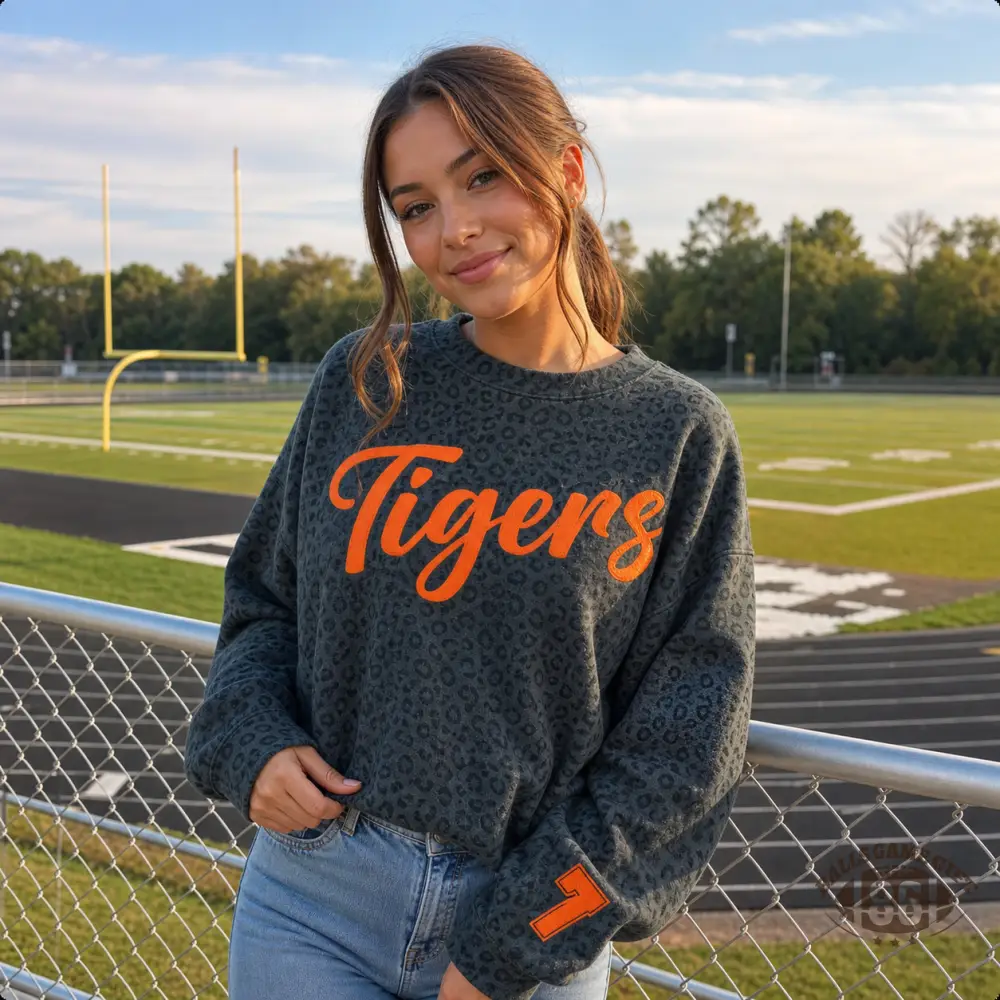 Custom Camo Game Day School Spirit Puff Print Cursive Team Name Sweatshirt
