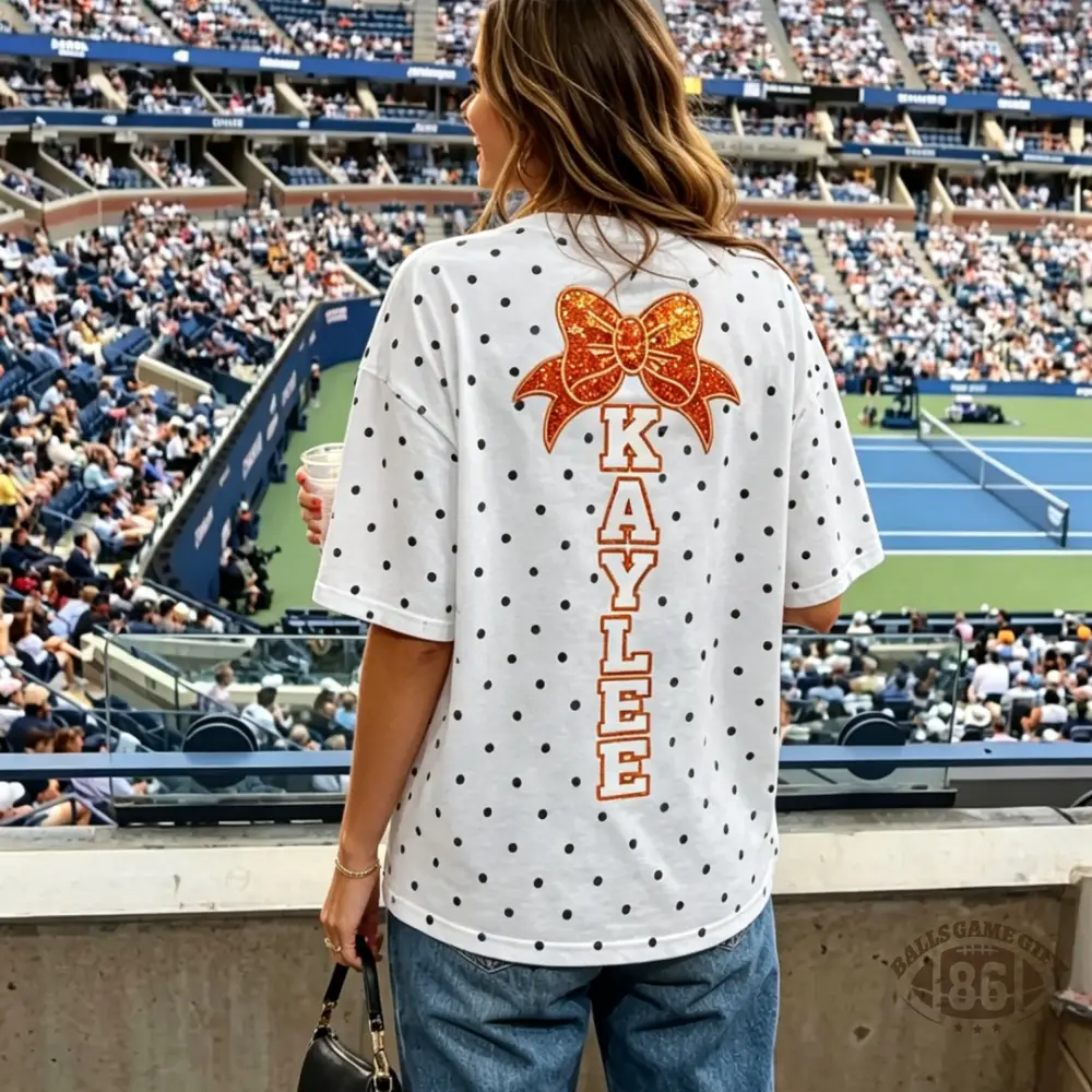 Custom Cheer Aunt Polka Dot T‑Shirt | Personalized Name & Cheer Bow On Back, Game Day Cheer Aunt Tee