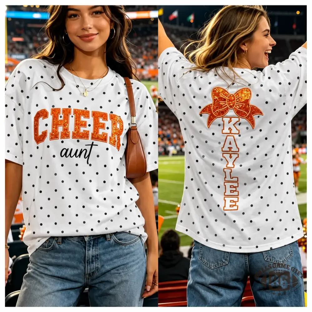 Custom Cheer Aunt Polka Dot T‑Shirt | Personalized Name & Cheer Bow On Back, Game Day Cheer Aunt Tee