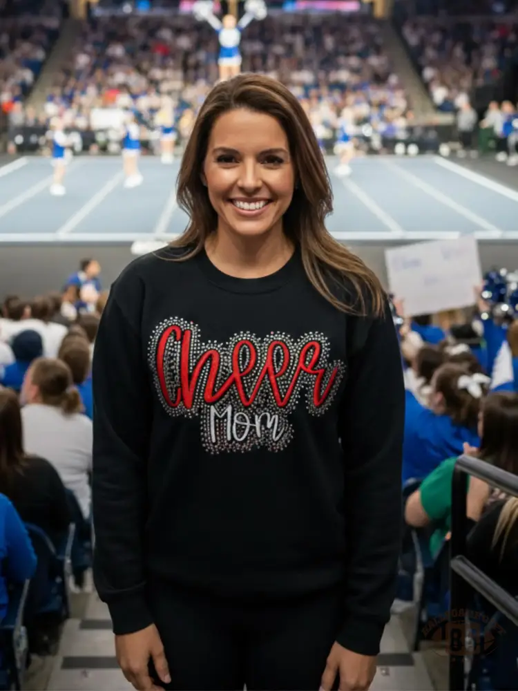 Custom Cheer Mom Embroidered  Rhinestone  Sweatshirt Crewneck, Game Day Cheerleading Mom Shirt