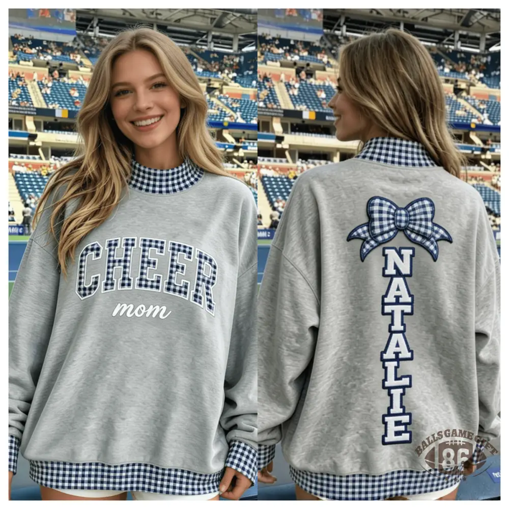 Custom Cheer Mom Gingham Sweatshirt Bow & Name Embroidery Mock Neck