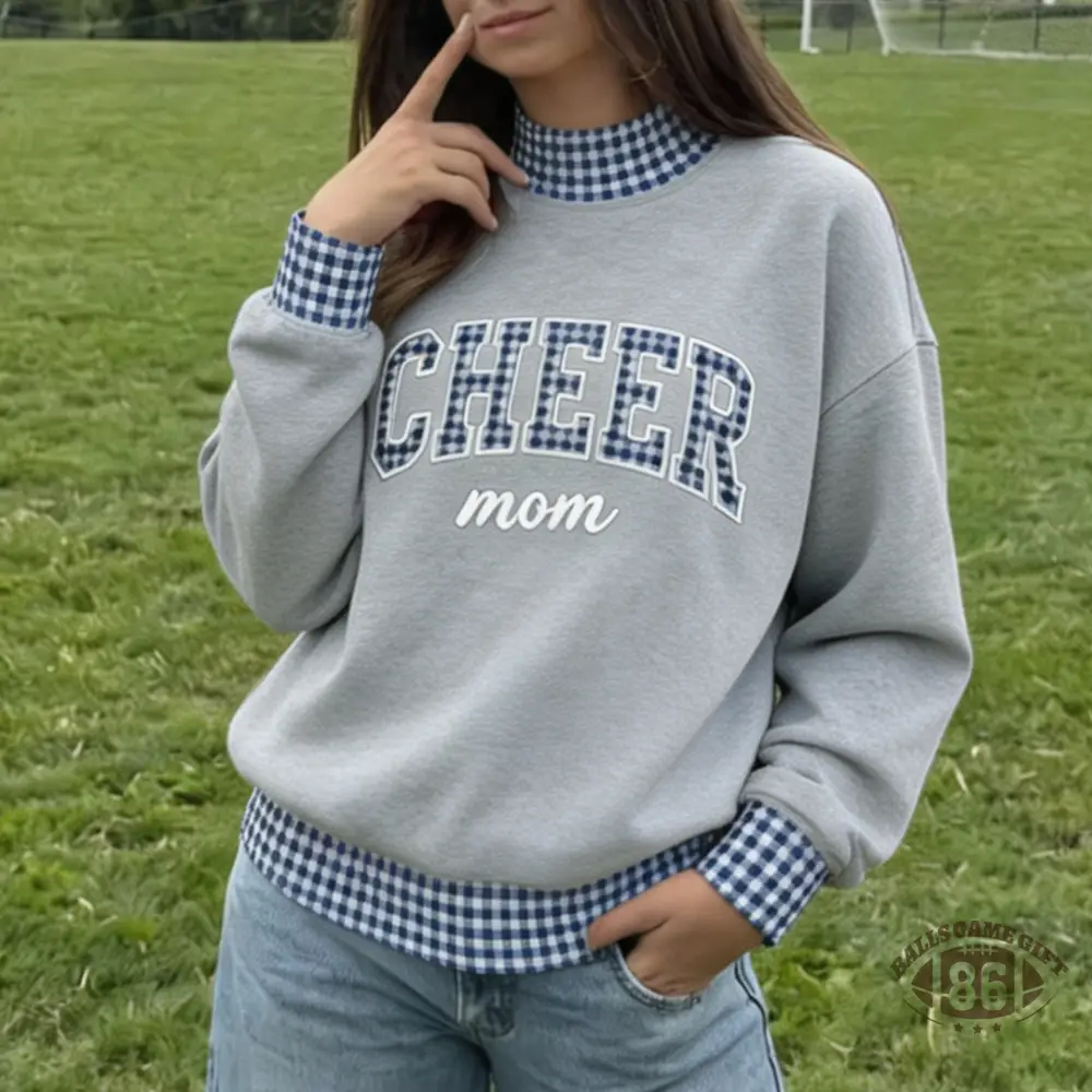 Custom Cheer Mom Gingham Sweatshirt Bow & Name Embroidery Mock Neck