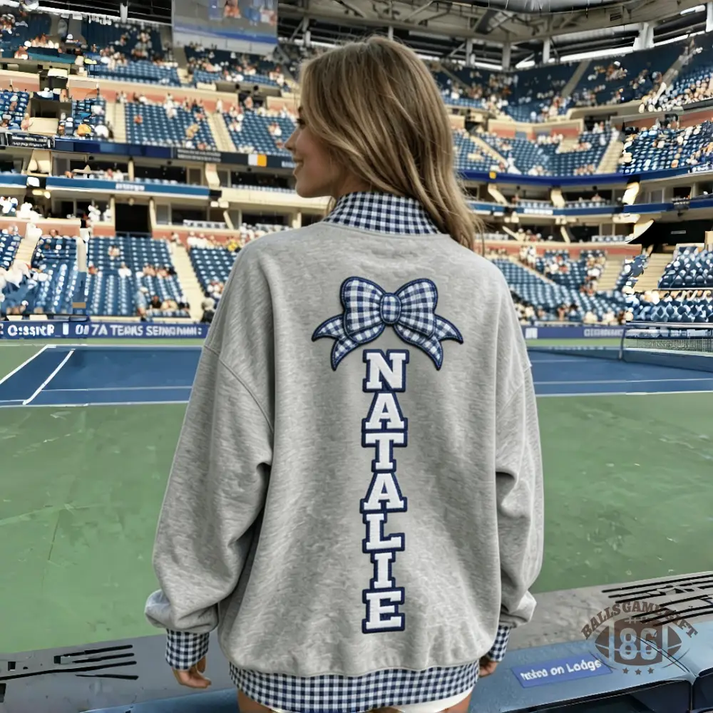 Custom Cheer Mom Gingham Sweatshirt Bow & Name Embroidery Mock Neck