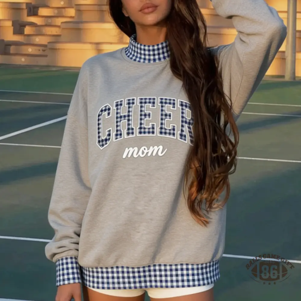 Custom Cheer Mom Gingham Sweatshirt Bow & Name Embroidery Mock Neck