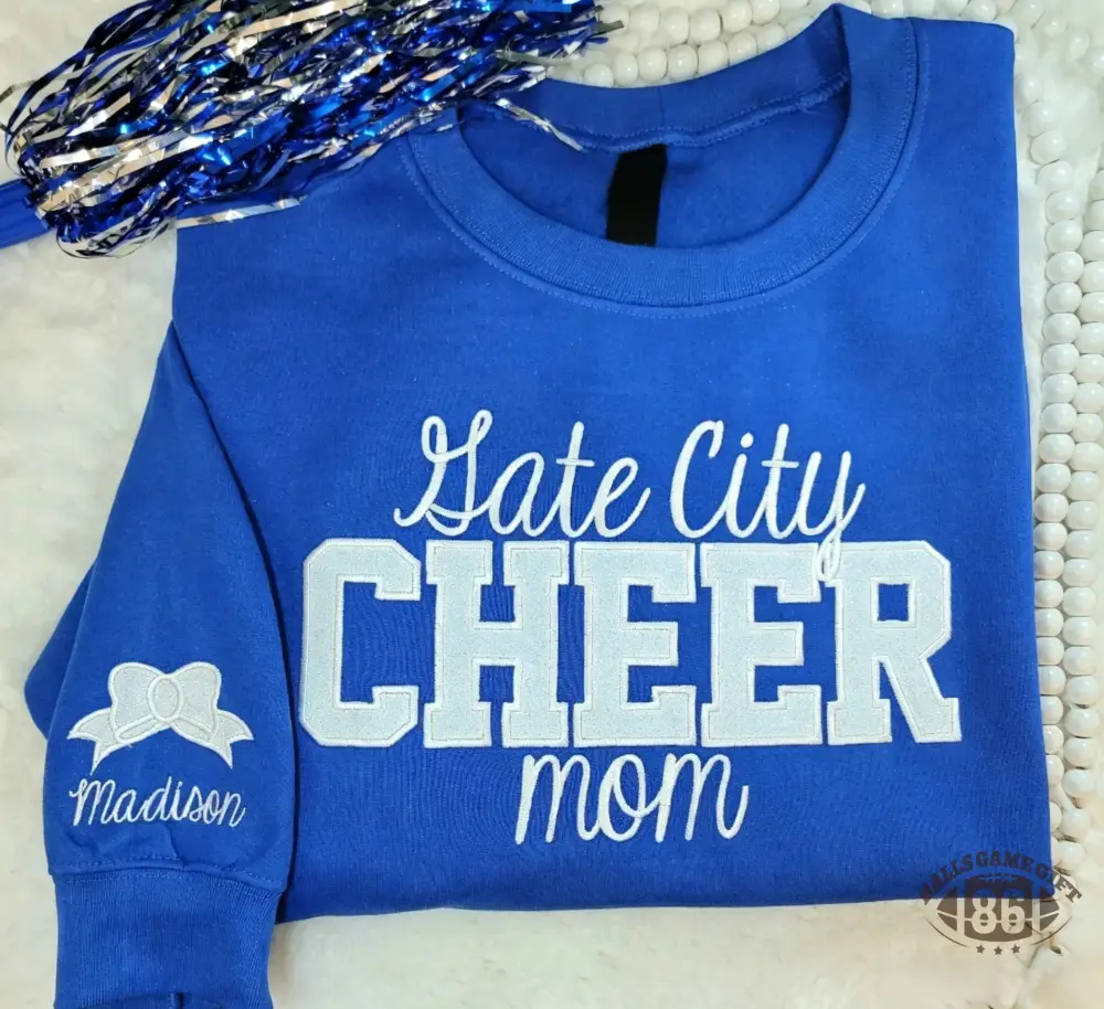 Custom Cheer Mom Glitter Chenille Sweatshirt with Kid Name Bow Embroidery Gift