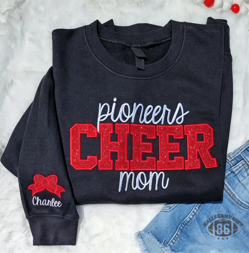 Custom Cheer Mom Glitter Chenille Sweatshirt with Kid Name Bow Embroidery Gift