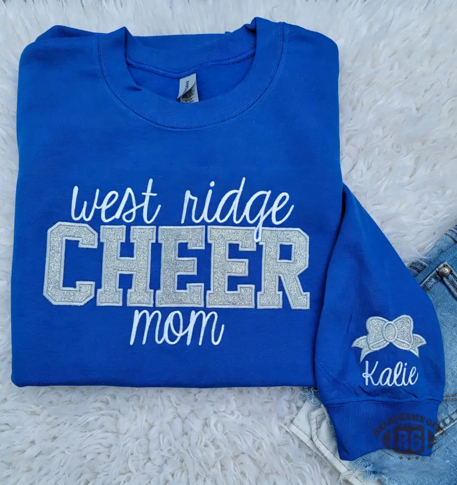 Custom Cheer Mom Glitter Chenille Sweatshirt with Kid Name Bow Embroidery Gift