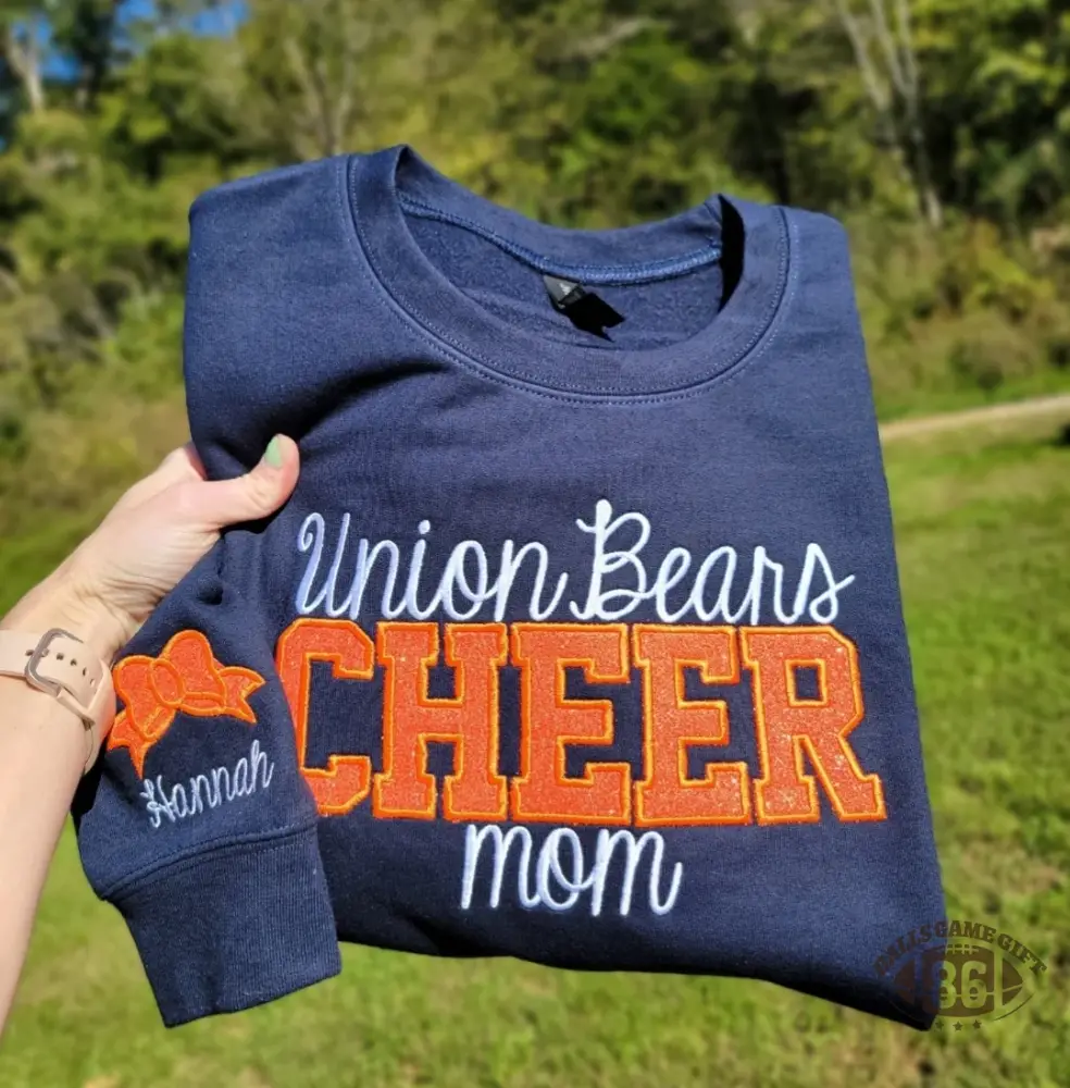 Custom Cheer Mom Glitter Chenille Sweatshirt with Kid Name Bow Embroidery Gift