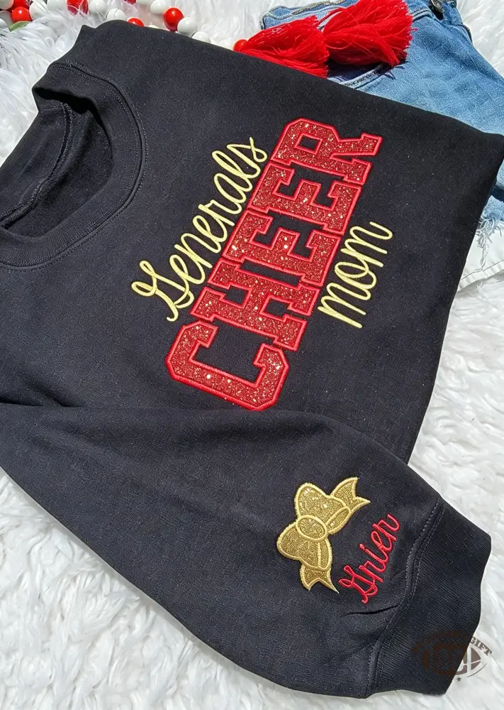 Custom Cheer Mom Glitter Chenille Sweatshirt with Kid Name Bow Embroidery Gift