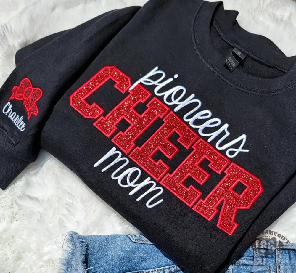 Custom Cheer Mom Glitter Chenille Sweatshirt with Kid Name Bow Embroidery Gift
