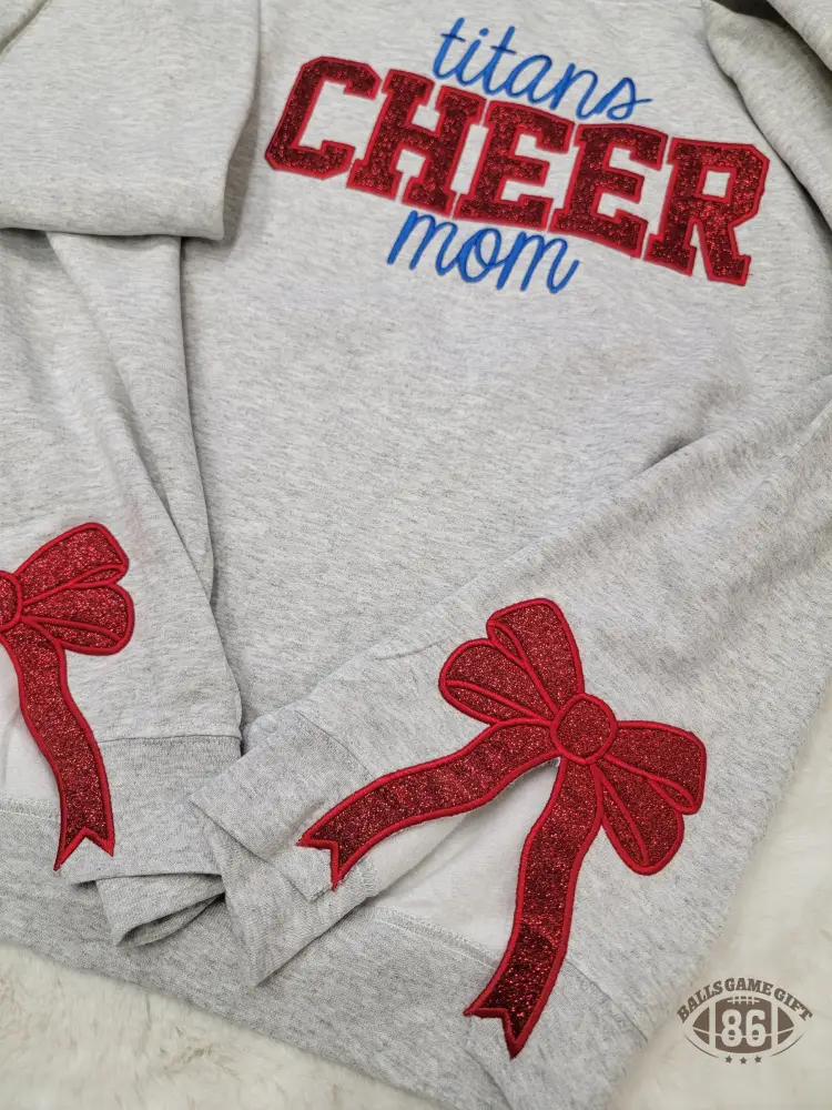 Custom Cheer Mom Glitter Chenille Sweatshirt with Kid Name Bow Embroidery Gift