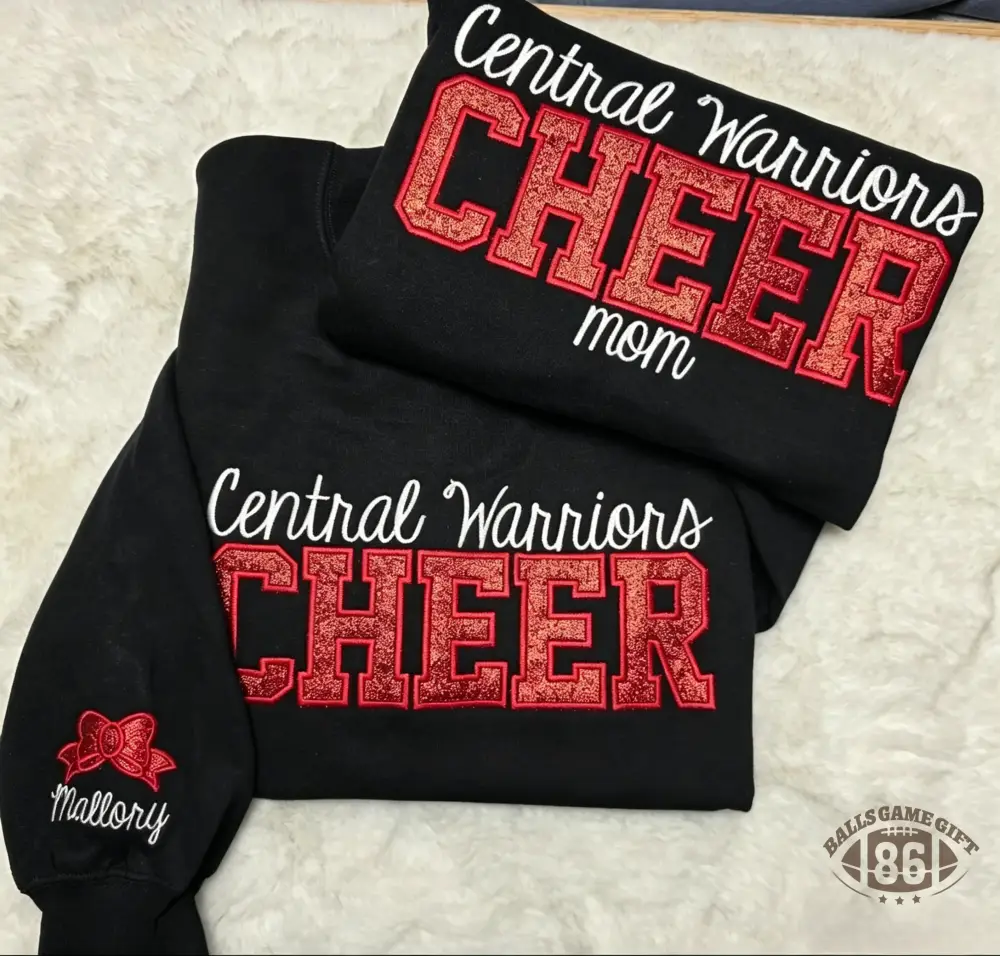 Custom Cheer Mom Glitter Chenille Sweatshirt with Kid Name Bow Embroidery Gift