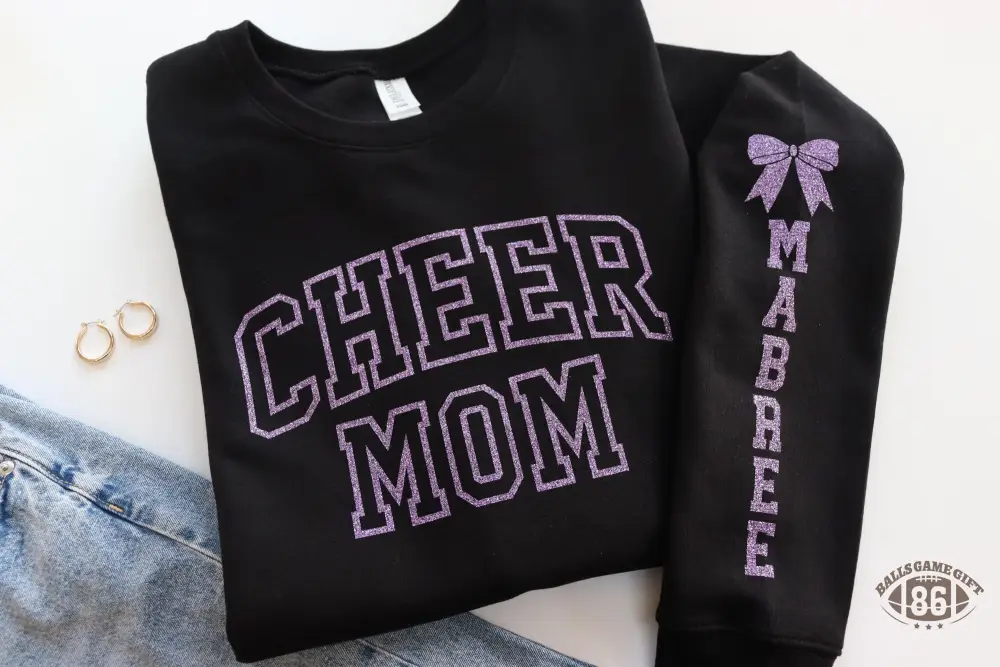 🎀 Custom Cheer Mom Glitter Outline Crewneck Sweatshirt, Personalized Name & Bow Print Sleeve Oversized Cheer Game Day Pullover for Cheerleading Moms