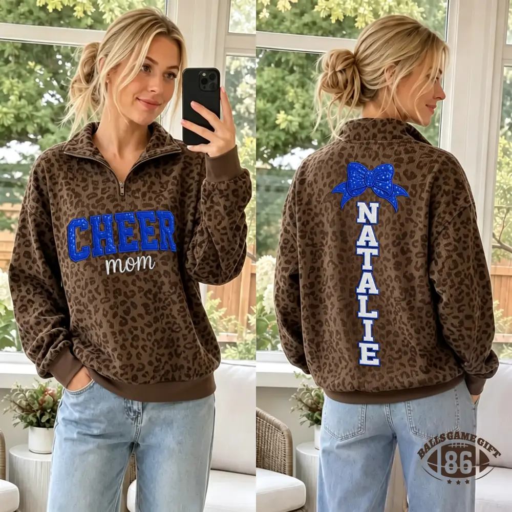 Custom Cheer Mom Leopard Print 1/4 Zip Sweatshirt Vertical Name Cheer Game Day Top