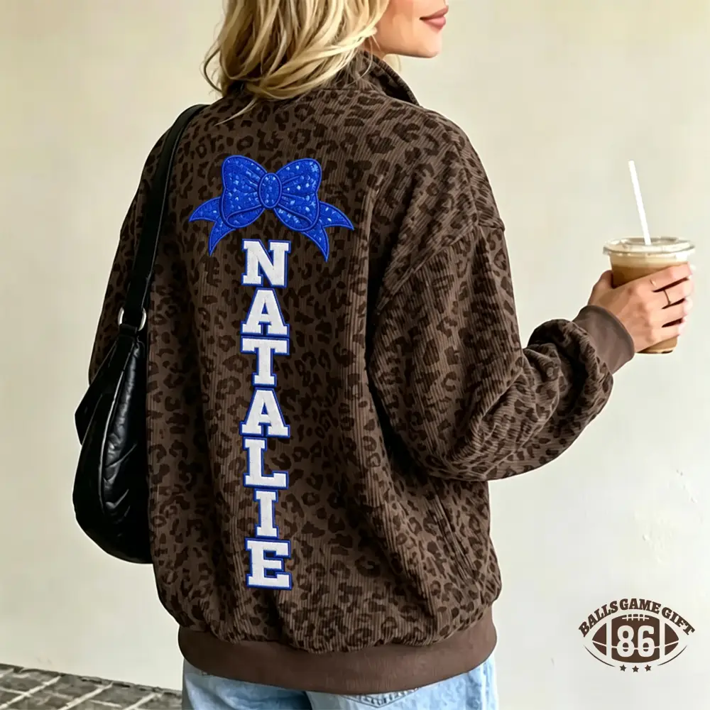 Custom Cheer Mom Leopard Print 1/4 Zip Sweatshirt Vertical Name Cheer Game Day Top
