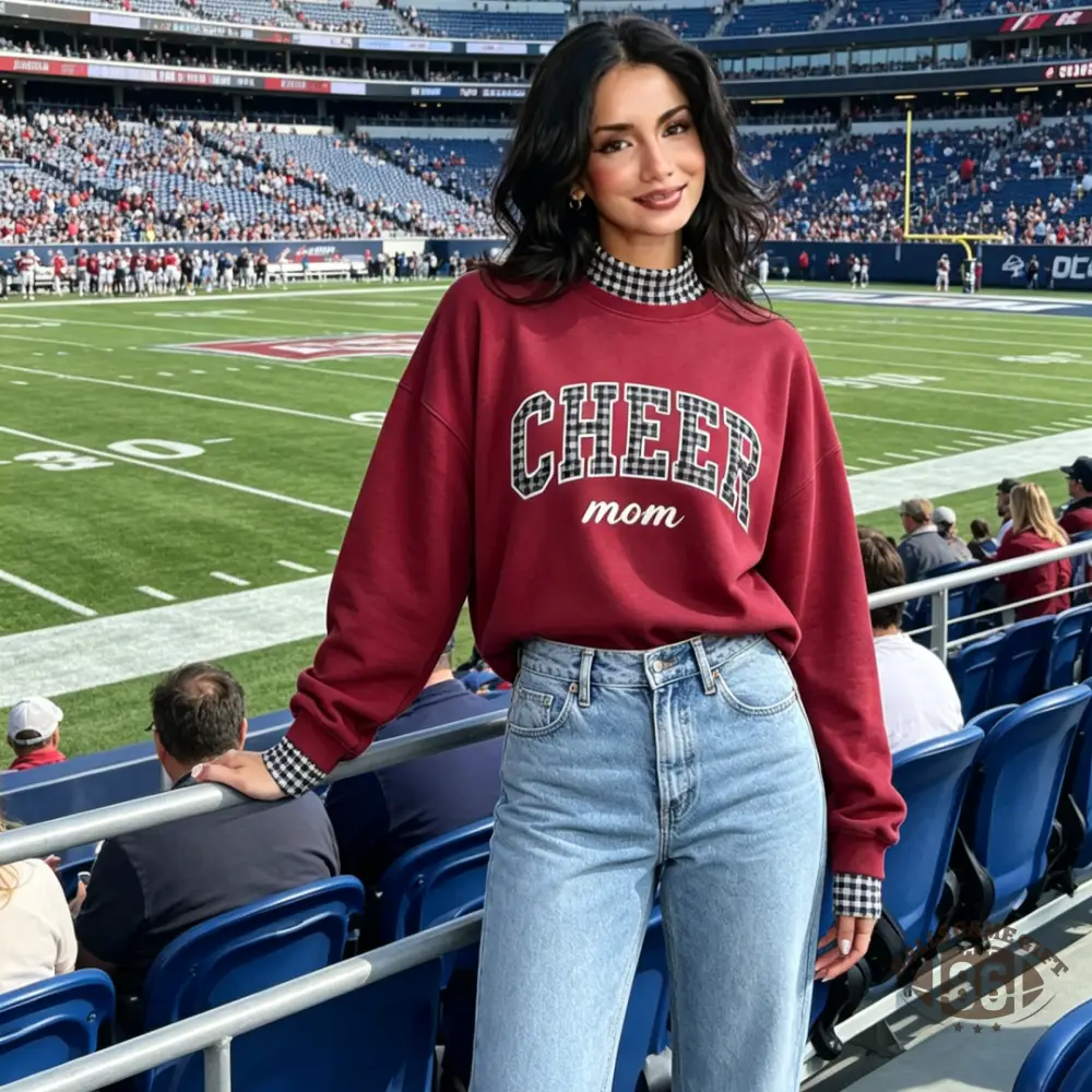 Custom Cheer Mom Plaid Mock Neck – Personalized Name Bow, Game Day Crewneck