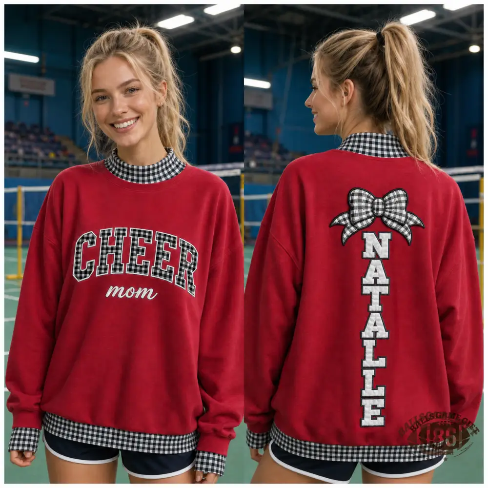 Custom Cheer Mom Plaid Mock Neck – Personalized Name Bow, Game Day Crewneck