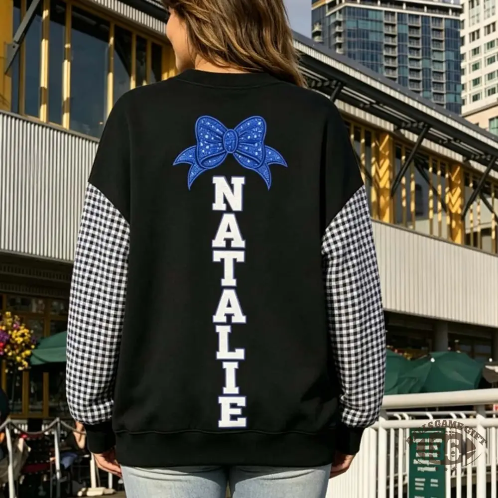 Custom Cheer Mom Plaid-Sleeve Sweatshirt, Personalized Back Mascot Name Game Day Gifts