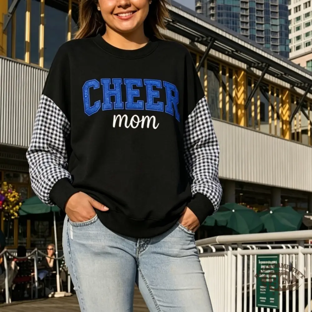Custom Cheer Mom Plaid-Sleeve Sweatshirt, Personalized Back Mascot Name Game Day Gifts