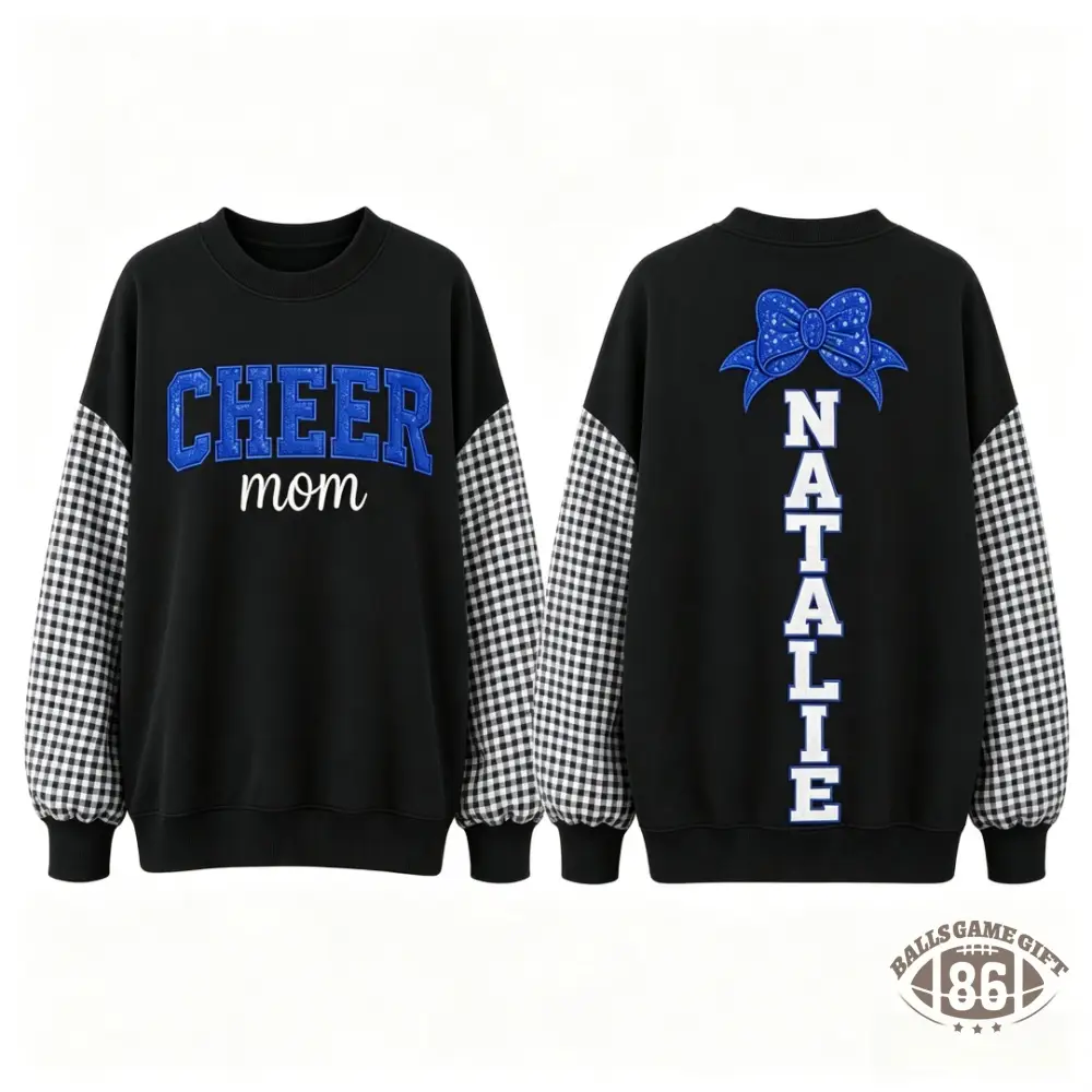 Custom Cheer Mom Plaid-Sleeve Sweatshirt, Personalized Back Mascot Name Game Day Gifts