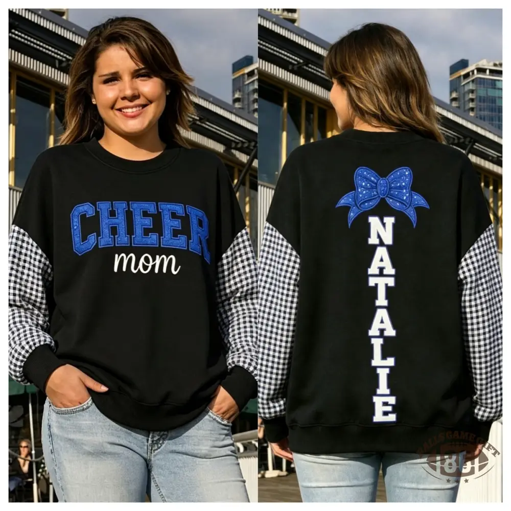 Custom Cheer Mom Plaid-Sleeve Sweatshirt, Personalized Back Mascot Name Game Day Gifts
