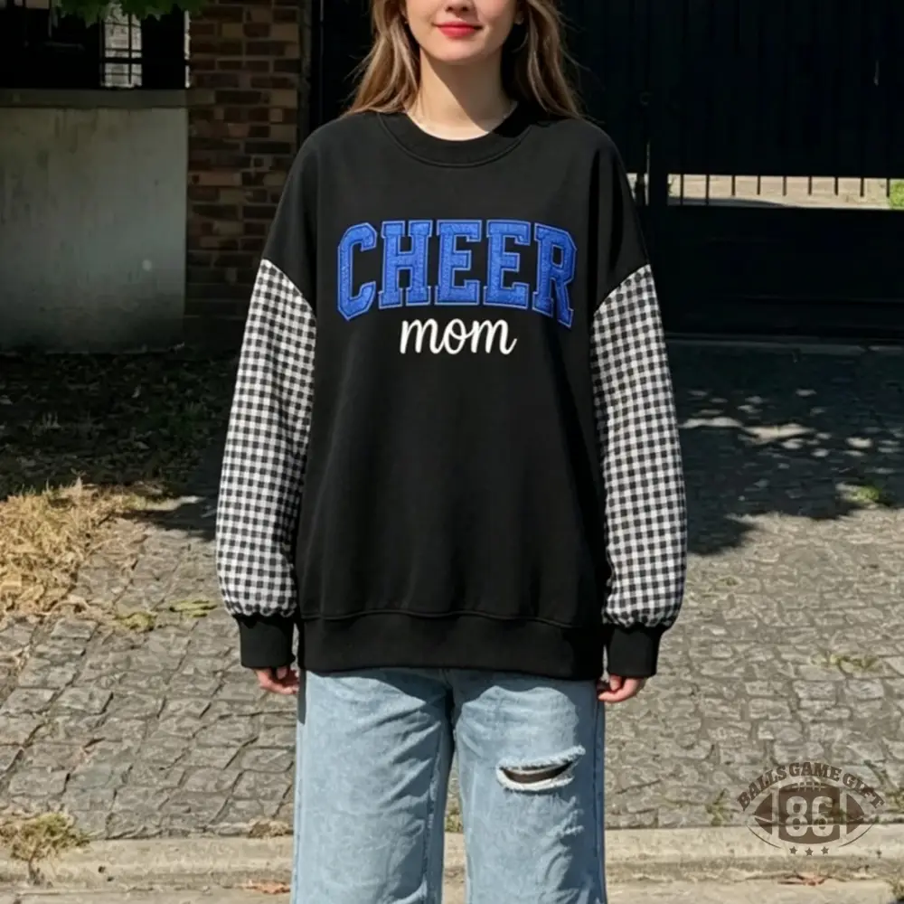 Custom Cheer Mom Plaid-Sleeve Sweatshirt, Personalized Back Mascot Name Game Day Gifts